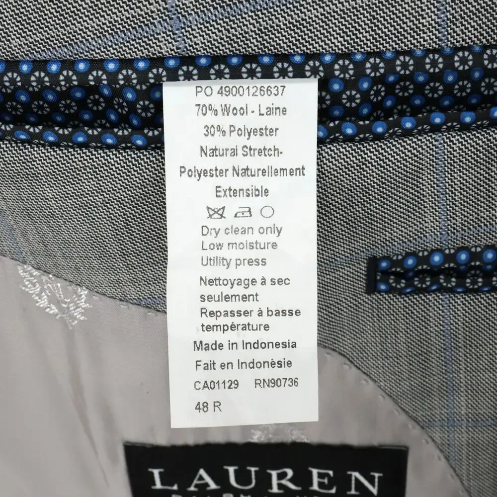 LRL Ralph Lauren Sport Coat Mens 48R Light Gray Plaid Wool Blend Blazer Jacket